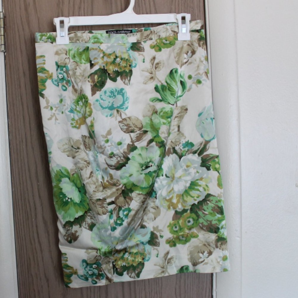 D&G Green Silk Blend Floral Print Pencil Skirt